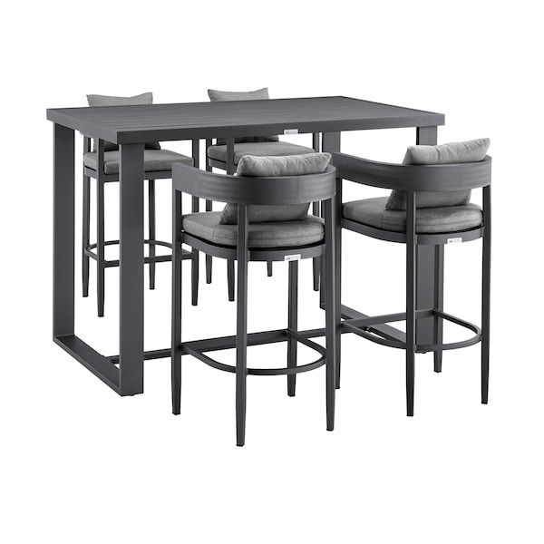 Armen Living Argiope Outdoor Patio 5-Piece Bar Table Set in Aluminum with Gray Cushions 840254333178 - main